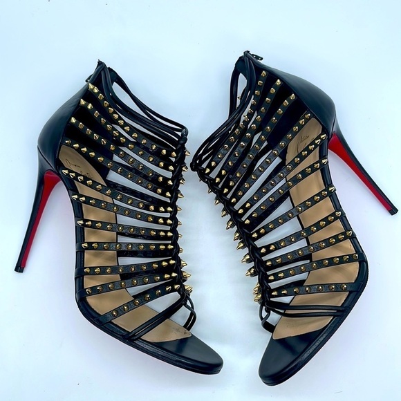 Christian Louboutin Black gold studded gladiator Milla Clou ankle heels EU 38.5 - Picture 4 of 10